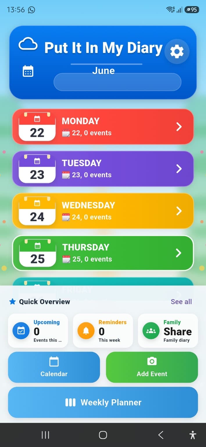 Put It In My Diary app preview showing weekly planner cards and quick overview buttons